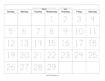 Handwriting Calendar - 29 Day - Wednesday Paper