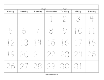 Handwriting Calendar - 31 Day - Wednesday Paper