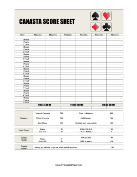 Canasta Score Sheet Paper