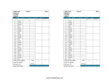 Chicago Bridge Score Sheet Paper