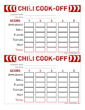 Chili Cook-Off Score Card Paper