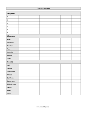 Clue Scoresheet Paper