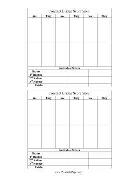 Contract Bridge Score Sheet Paper