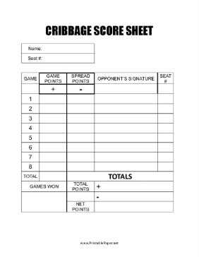 Cribbage Match Score Sheet Paper