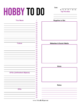 Daily Hobby To Do List Paper