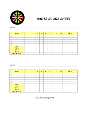 Darts Score Sheet Paper