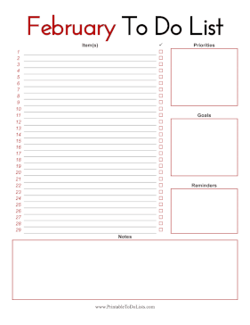 February To Do List Paper