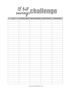 Five Dollar Bill Savings Challenge Paper