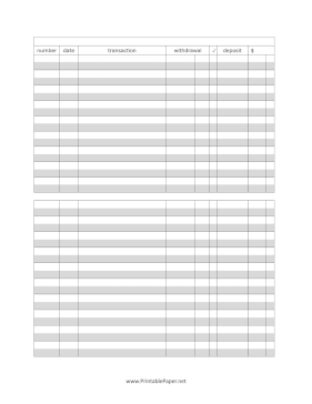 Full Page Traditional Check Register Paper