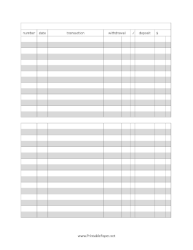 Full Page Traditional Check Register Wide Spaces Paper