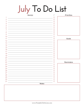 July To Do List Paper