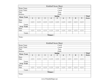 Kickball Score Sheet Paper