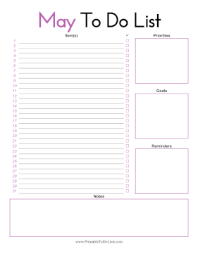 May To Do List Paper