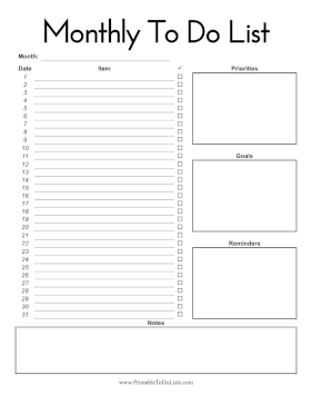 Monthly To Do List Paper