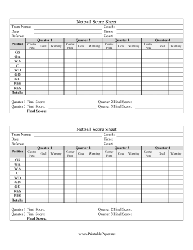 Netball Score Sheet Paper