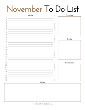 November To Do List Paper