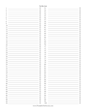 Numbered Checklist To 100 Paper