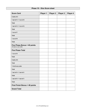 Phase 10 Dice Scoresheet Paper