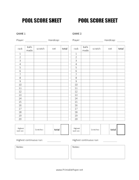 Pool Score Sheet Paper