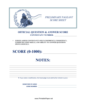 Preliminary Pageant Official Answers Score Paper