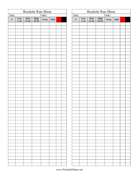 Roulette Score Sheet Paper