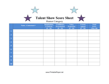 Score Sheet For Talent Show Humor Paper