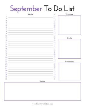September To Do List Paper