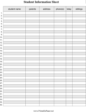 Student Information Sheet Paper