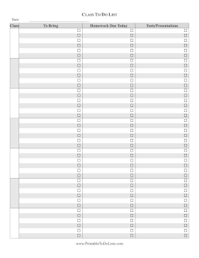 To Do List By Class Paper