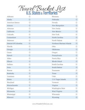 Travel Bucket List States Paper