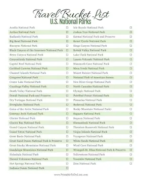 Travel Bucket List US National Parks Paper