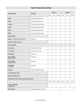 Triple Yahtzee Scoresheet Paper