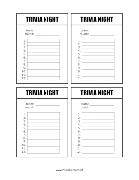 Trivia Night Score Sheet Paper