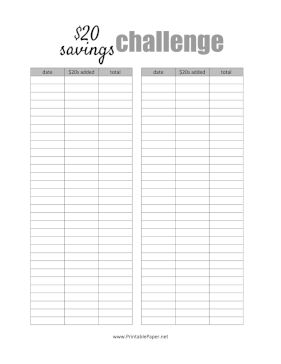 Printable Twenty Dollar Savings Challenge