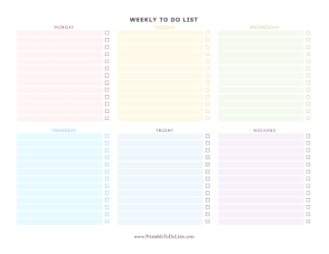 Colorful Weekday Weekly To Do List Landscape  Paper