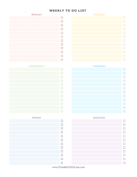 Colorful Weekday Weekly To Do List Portrait  Paper