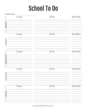Weekly School To Do Paper