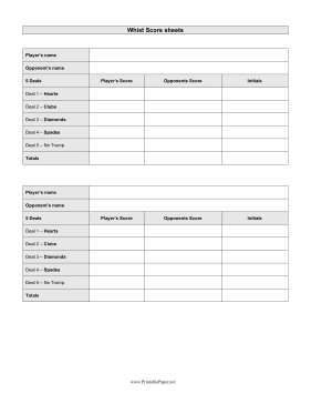 Whist Scoresheet Paper