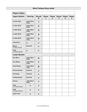 Word Yahtzee Scoresheet Paper