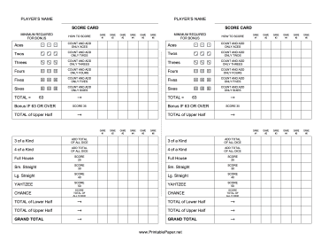 Yahtzee Score Card Paper