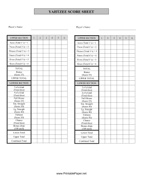Yahtzee Score Sheet Paper