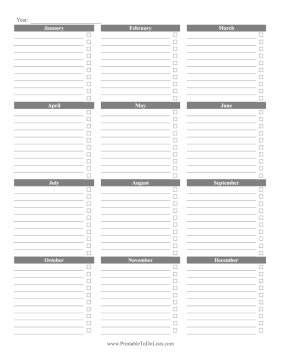 Yearly To Do List By Month Paper