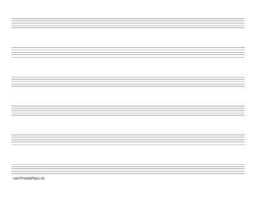 Music Paper with six staves on letter-sized paper in landscape orientation Paper