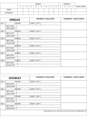 Tennis Score Sheet Paper