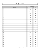 20 Questions Score Sheet paper