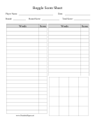 Boggle Score Sheet paper