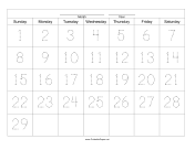 Handwriting Calendar - 29 Day - Sunday paper