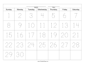 Handwriting Calendar - 30 Day - Sunday paper