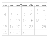 Handwriting Calendar - 28 Day - Thursday paper