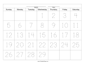 Handwriting Calendar - 29 Day - Wednesday paper